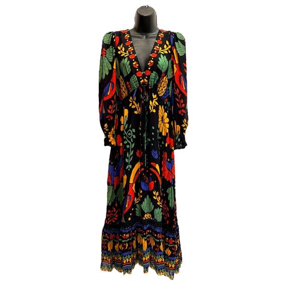 Farm Rio Georgette maxi floral long sleeved v neck dress size Petite Small - Picture 4 of 15
